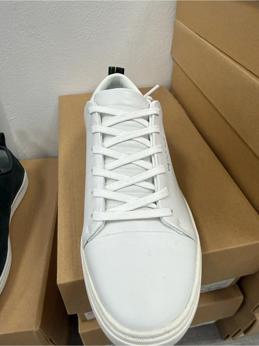 Paul Smith White Leather Sneaker with Multicolor Stripe Heel